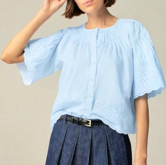 J. Crew Tops - J. Crew Blue Eyelet Top Pleated Detail Full Sleeves